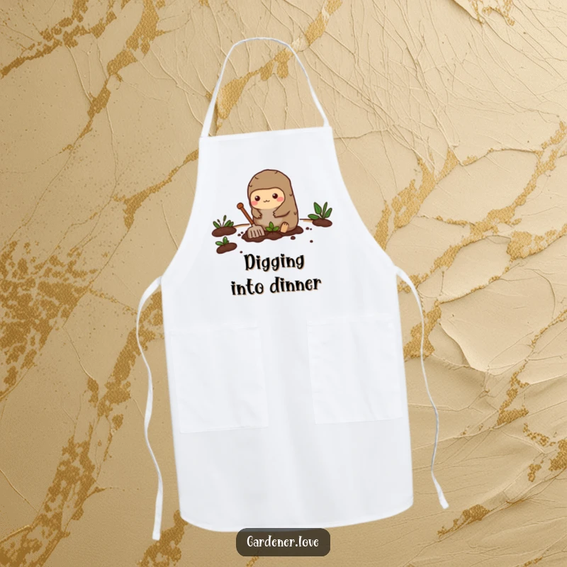 Funny apron with a busy Kawaii mole character enthusiastically digging a small garden bed, perfect for garden tasks.