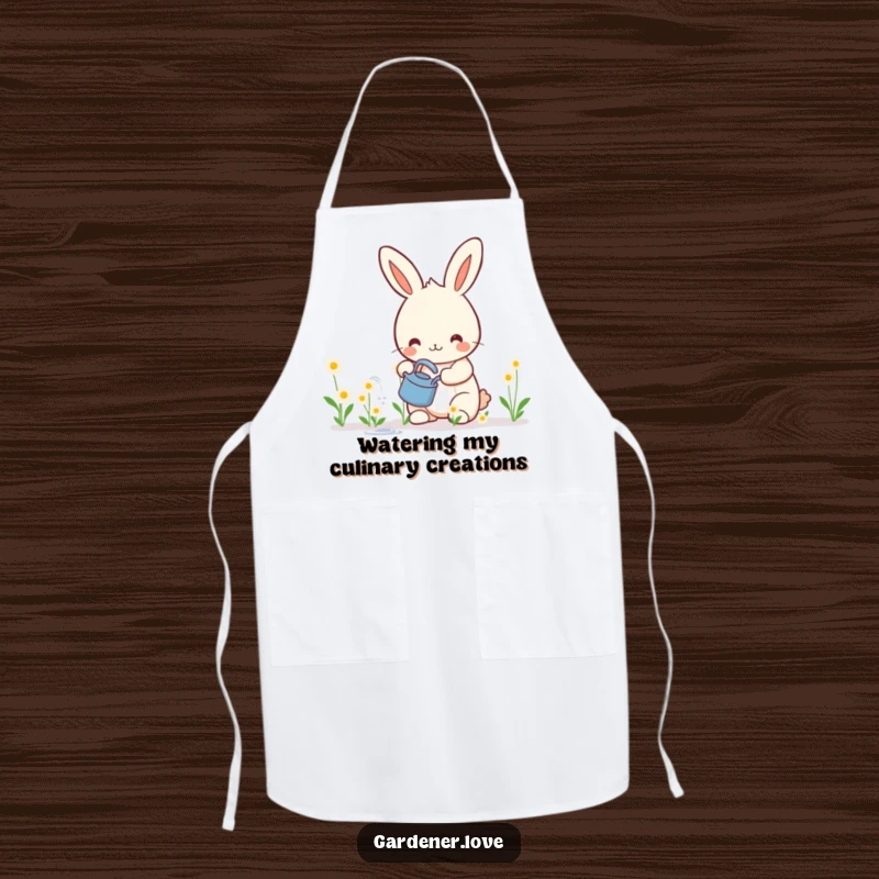Funny apron with a happy Kawaii rabbit watering smiling flowers, ideal for protecting clothes during gardening or cooking.