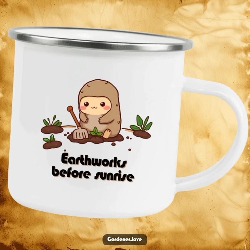 Funny camping mug featuring a busy Kawaii mole character enthusiastically digging a small garden bed, perfect for outdoor gardening.