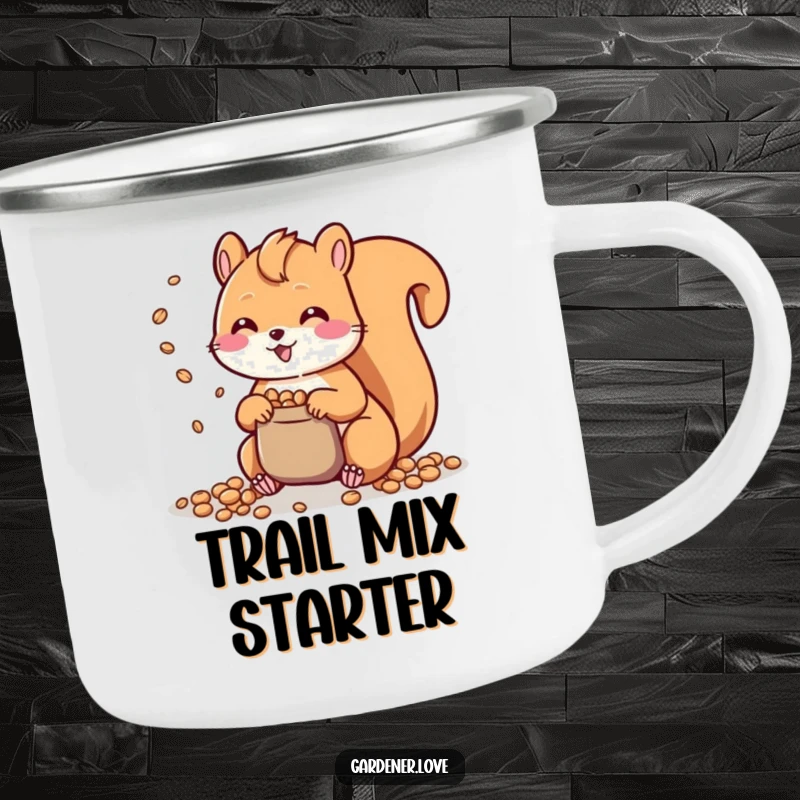 Funny Kawaii Squirrel Camping Mug: A sturdy mug with a happy squirrel scattering seeds, perfect for enjoying drinks on outdoor adventures.