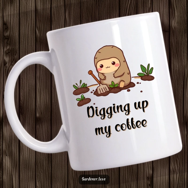 Funny mug featuring a busy Kawaii mole character enthusiastically digging a small garden bed, ready for planting.