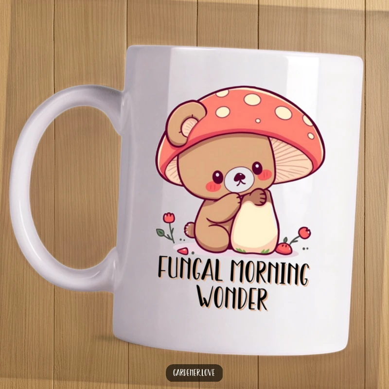 Funny Kawaii bear examining a large, colorful mushroom with curiosity.