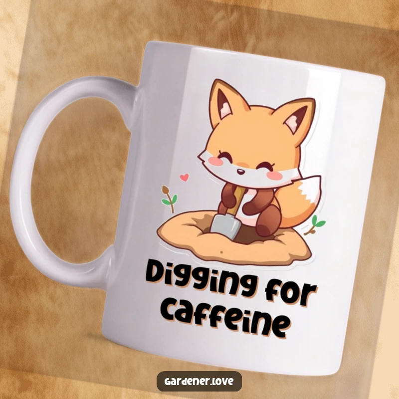 Funny Kawaii fox digging a hole with a small shovel, energetic and playful.