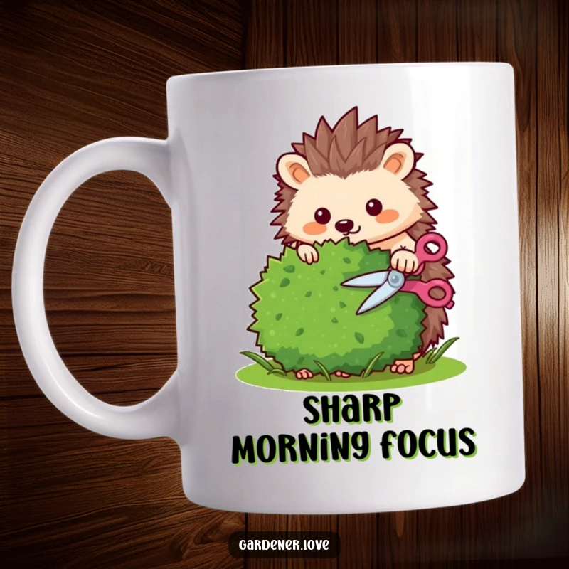 Funny Kawaii hedgehog trimming a bush with tiny shears, focused and cute.