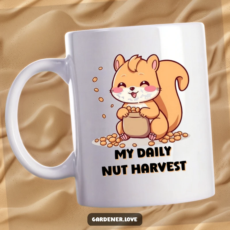 Funny Kawaii Squirrel Mug: A happy squirrel scatters seeds from a pouch, radiating pure joy and cuteness for your enjoyment.