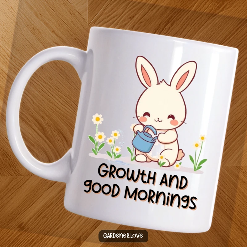 Funny mug featuring a happy Kawaii rabbit character joyfully watering tiny, smiling flowers, spreading cheer and greenery.