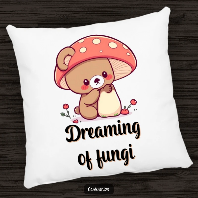 Funny Kawaii bear examining a large, colorful mushroom, soft decorative pillow.