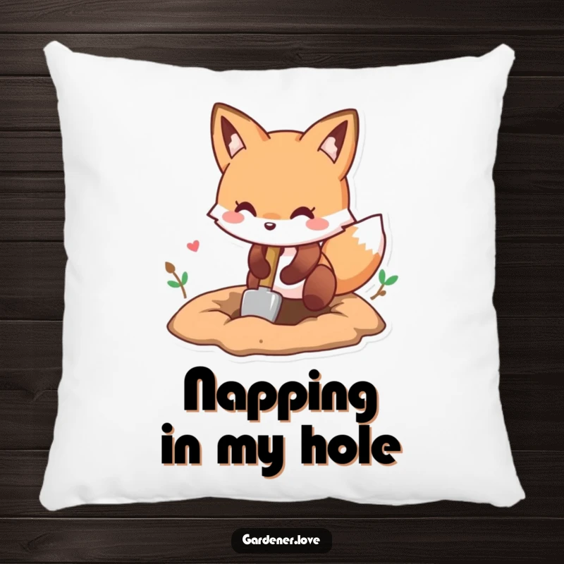 Funny Kawaii fox digging a hole with a small shovel, soft decorative pillow.