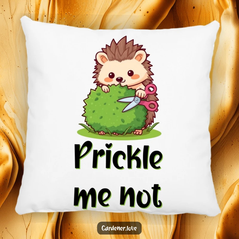 Funny Kawaii hedgehog trimming a bush with tiny shears, soft decorative pillow.