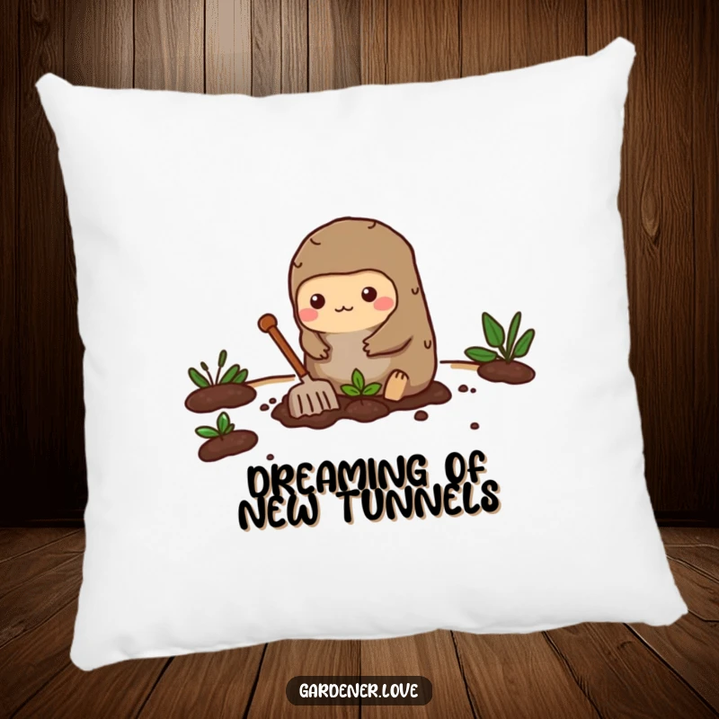 Funny pillow featuring a busy Kawaii mole character enthusiastically digging a small garden bed, adding a touch of earthy whimsy.