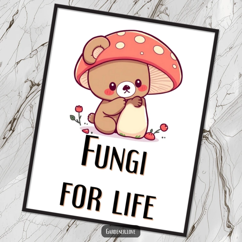 Funny Kawaii bear examining a large, colorful mushroom, downloadable art print.