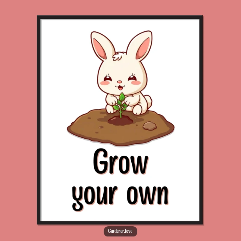 Funny Kawaii Bunny Planting Digital Art - Instant Cute Garden Decor Download