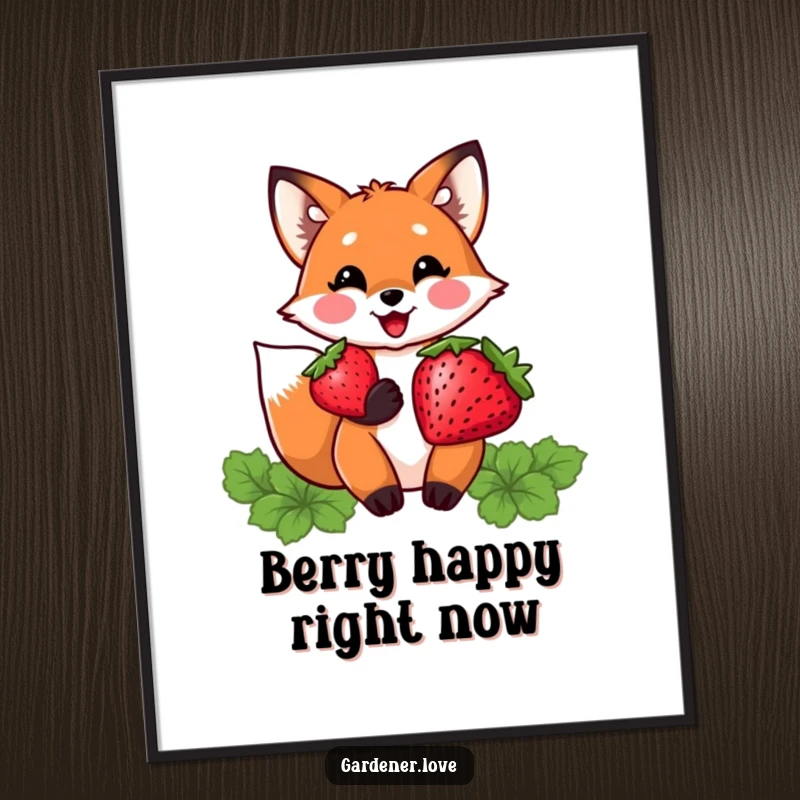 Funny digital art print of a delighted Kawaii fox character proudly holding a plump, freshly harvested strawberry, perfect for kitchen decor.