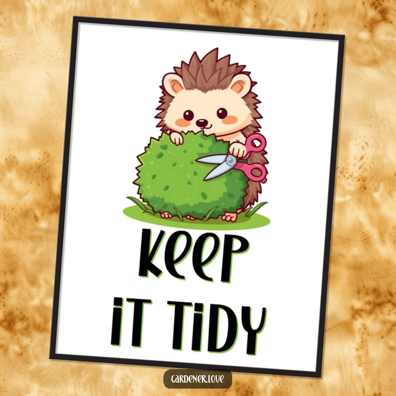 Funny Kawaii hedgehog trimming a bush with tiny shears, downloadable art print.