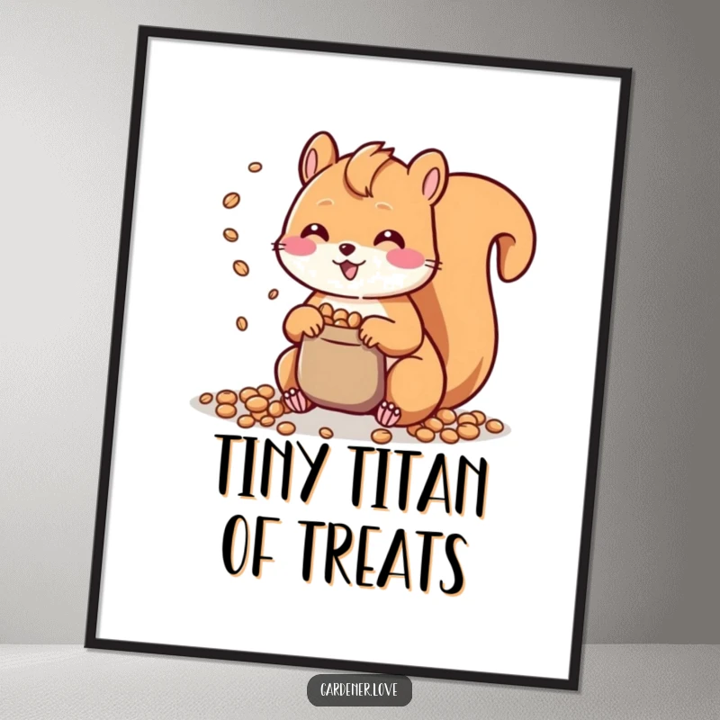 Funny Kawaii Squirrel Digital Art Print: A charming illustration of a happy squirrel scattering seeds, ready for instant download and display.