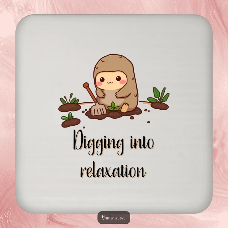 Funny drink coasters featuring a busy Kawaii mole character enthusiastically digging a small garden bed, adding charming digging flair.