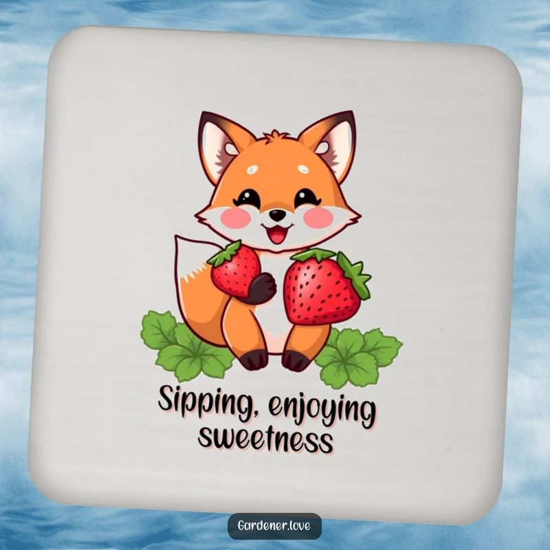 Funny drink coasters featuring a delighted Kawaii fox character proudly holding a plump strawberry, adding charming berry flair.