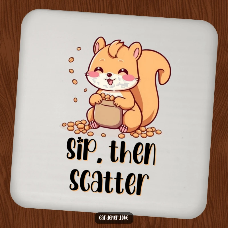 Funny Kawaii Squirrel Drink Coaster: A cute coaster with a happy squirrel scattering seeds, protecting surfaces with adorable charm.