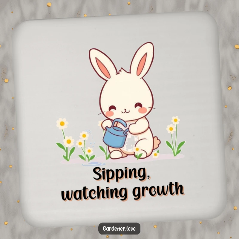 Funny drink coasters featuring a happy Kawaii rabbit watering tiny, smiling flowers, adding charming garden flair.
