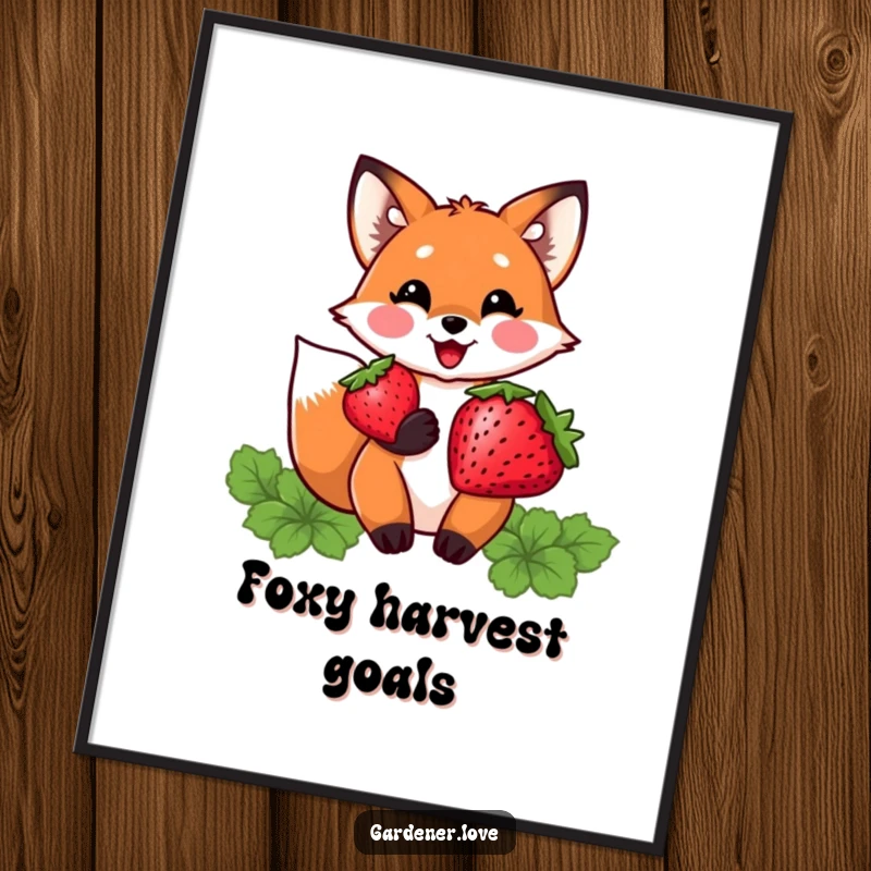 Funny poster print of a delighted Kawaii fox character proudly holding a plump, freshly harvested strawberry, perfect for kitchen or dining decor.
