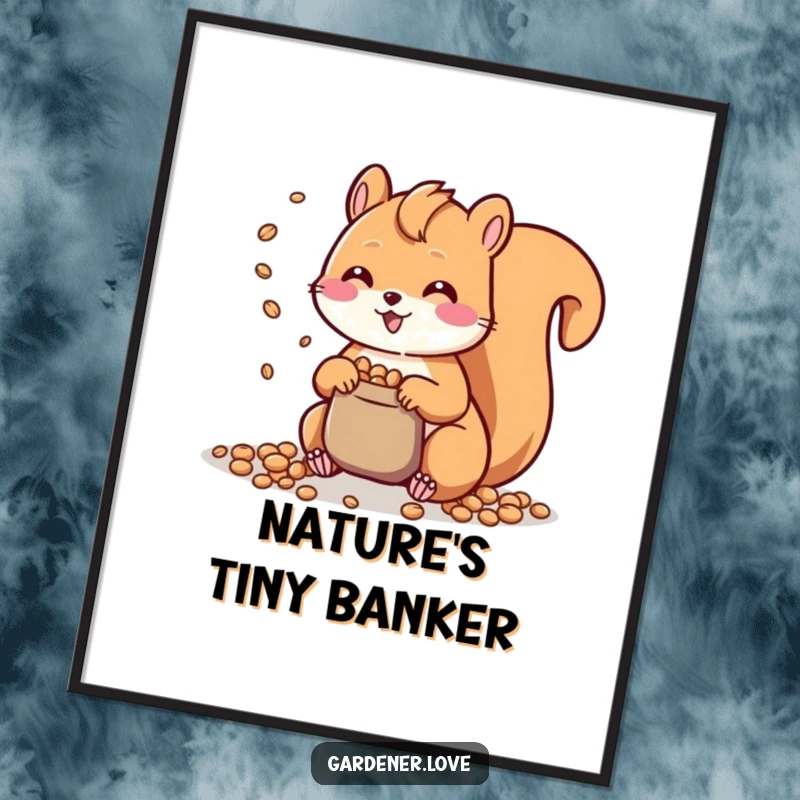 Funny Kawaii Squirrel Poster: A charming wall art piece depicting a happy Kawaii squirrel scattering seeds, bringing a touch of cuteness to any space.