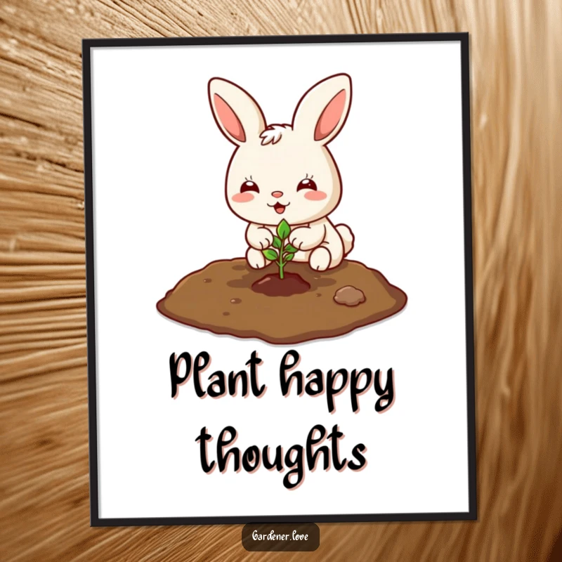 Funny Kawaii bunny planting a tiny seedling in the soil, cheerful wall art.