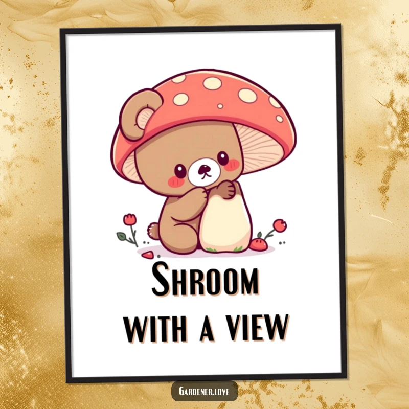 Funny Kawaii bear examining a large, colorful mushroom, whimsical nature art.