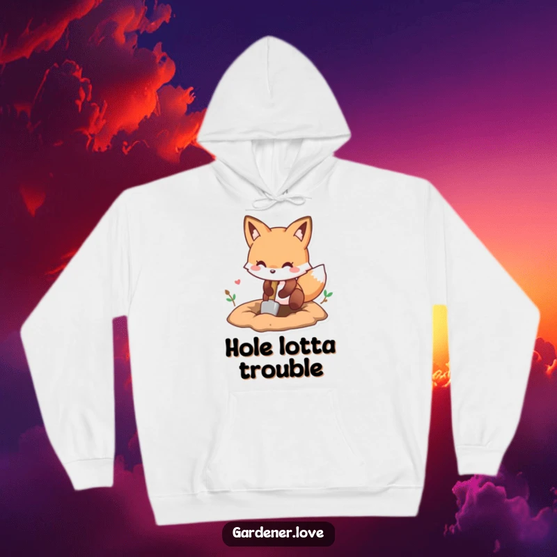 Funny Kawaii fox digging a hole with a small shovel, cozy hoodie for adventurers.