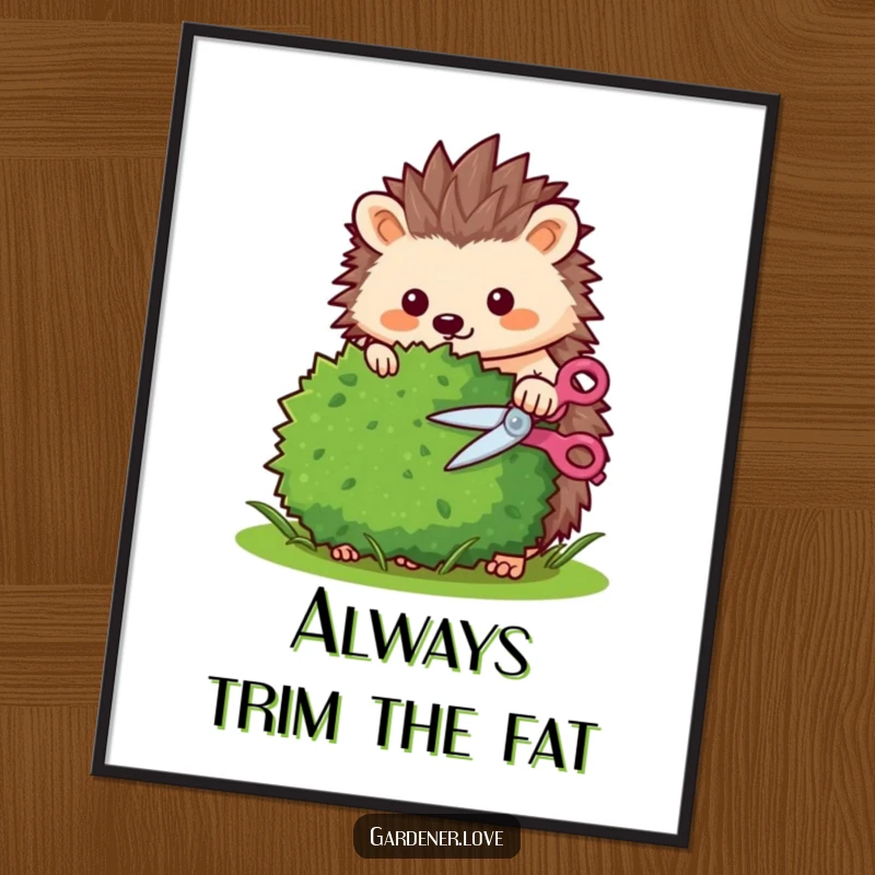 Funny Free Printable Wall Art: Diligent Kawaii hedgehog meticulously trimming a bush, adding tidy charm to any room.