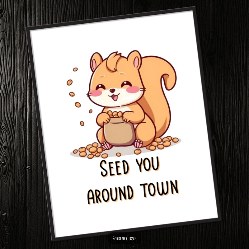 Funny Free Printable wall art featuring a cute Kawaii squirrel scattering seeds, bringing quirky charm to any room.