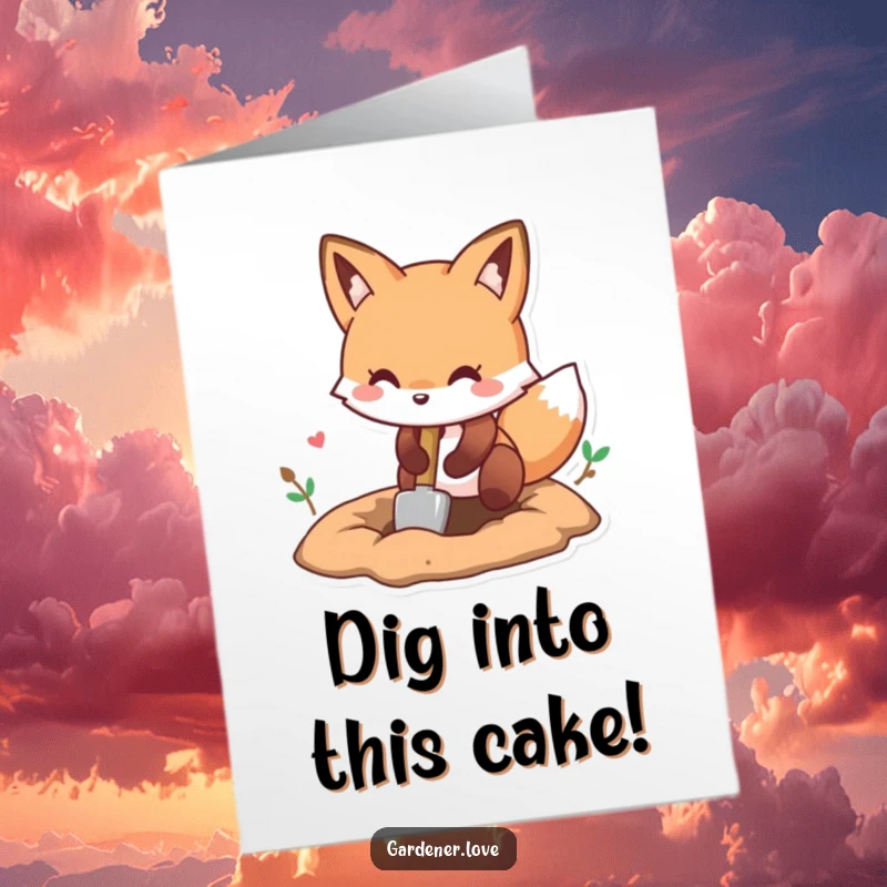 Funny Free Printable Birthday Card: Playful Kawaii fox digging a hole with a small shovel, celebrating a fun birthday.
