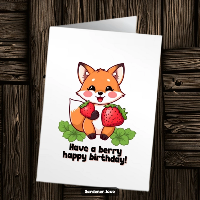 Funny Free Printable Birthday Card: A delighted Kawaii fox proudly holding a plump, freshly harvested strawberry.
