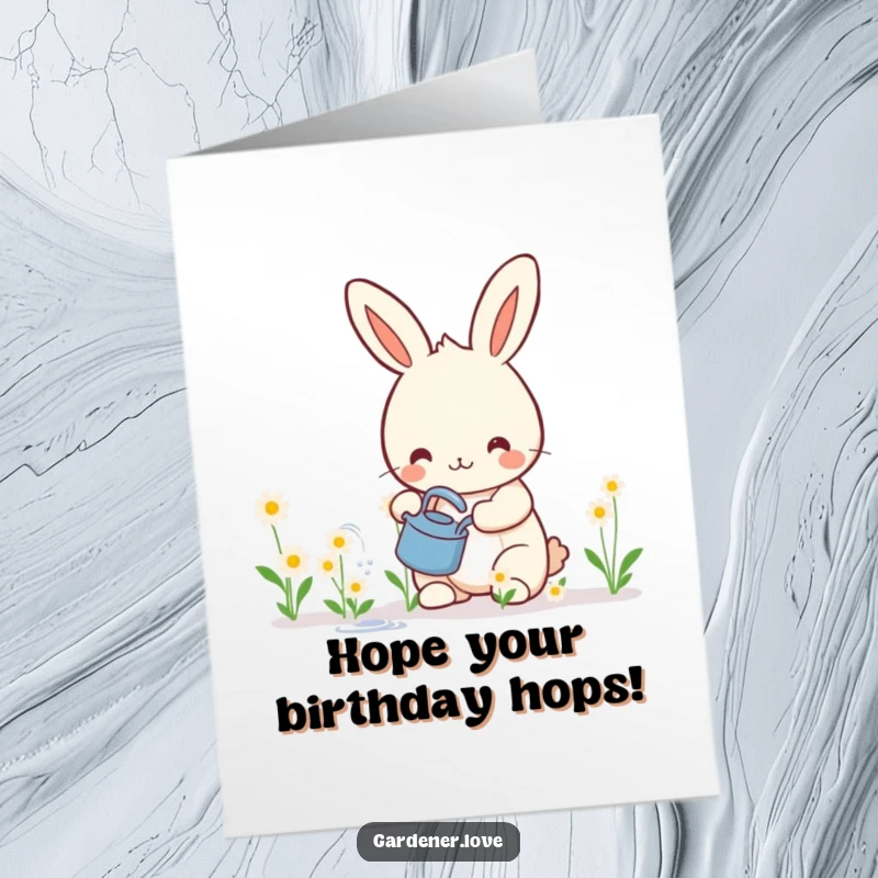Funny Free Printable Birthday Card: A cheerful Kawaii rabbit happily watering small, smiling flowers in a garden row.
