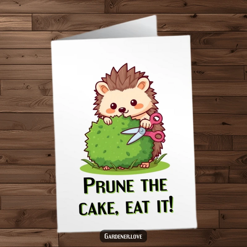 Funny Free Printable Birthday Card: Diligent Kawaii hedgehog carefully trimming a bush with tiny shears, celebrating a birthday.