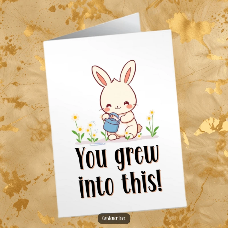 Funny Free Printable Congratulations Card: A happy Kawaii rabbit nurturing smiling flowers, celebrating blooming success.