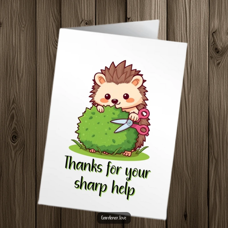 Funny Free Printable Thank You Card: Diligent Kawaii hedgehog trimming a bush, offering neat thanks and appreciation.