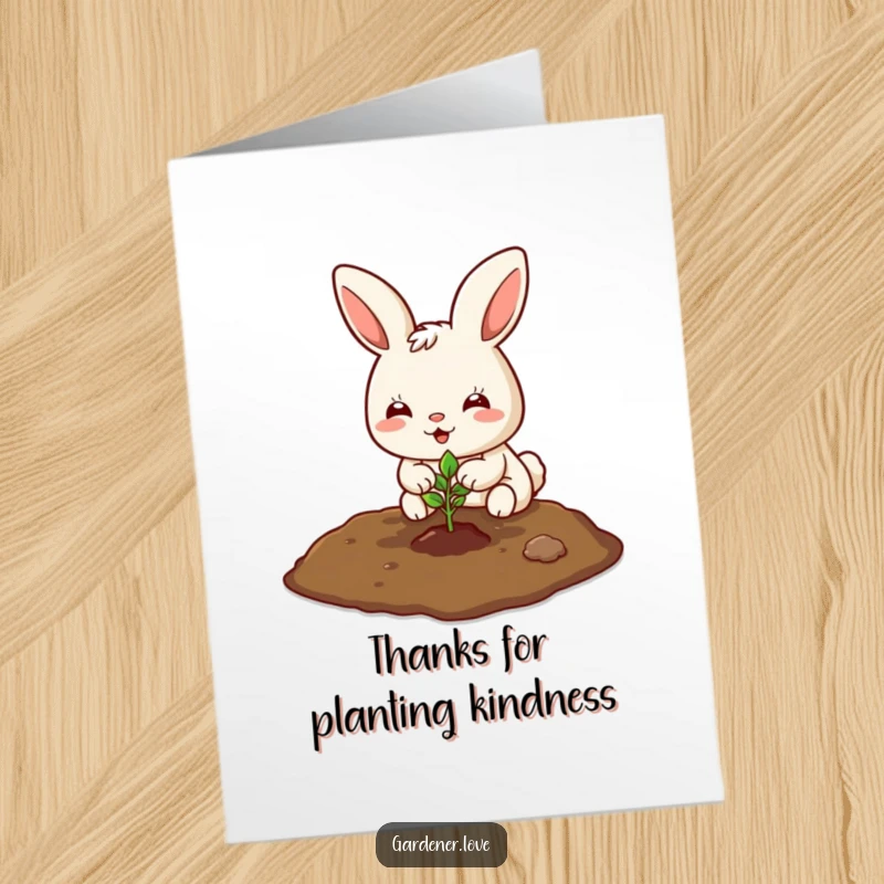 Funny Free Printable Thank You Card: Kawaii bunny planting a seedling, expressing thanks with a happy, growing symbol.
