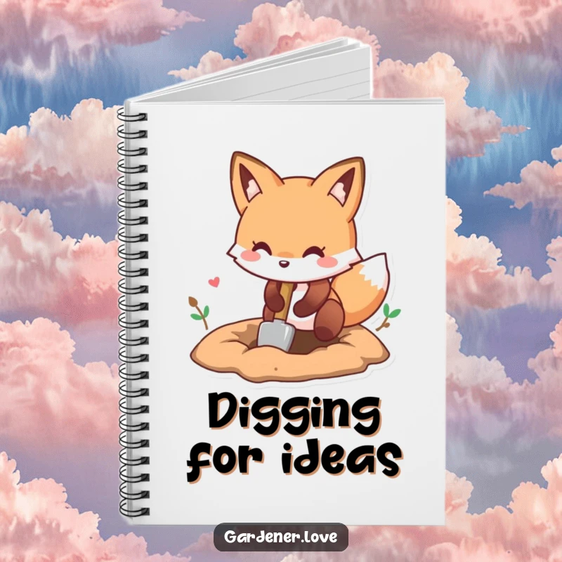 Funny Kawaii fox digging a hole with a small shovel, fun notebook.