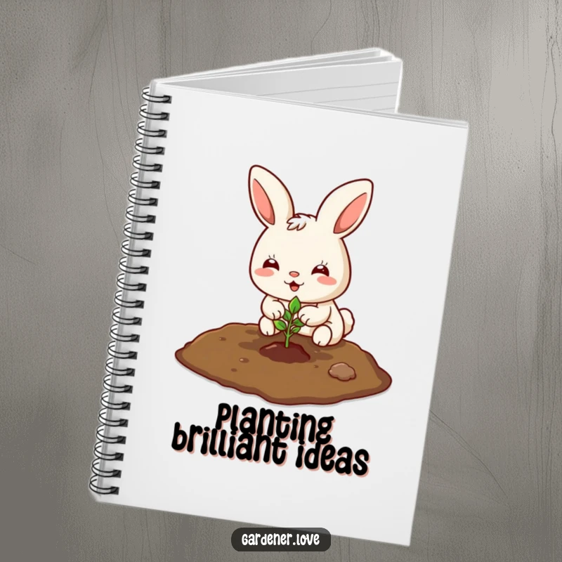 Funny Kawaii bunny planting a tiny seedling in the soil, cute notebook.