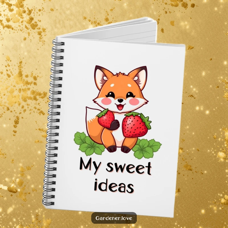 Funny notebook featuring a delighted Kawaii fox character proudly holding a plump strawberry, inspiring notes on recipes and sweet ideas.