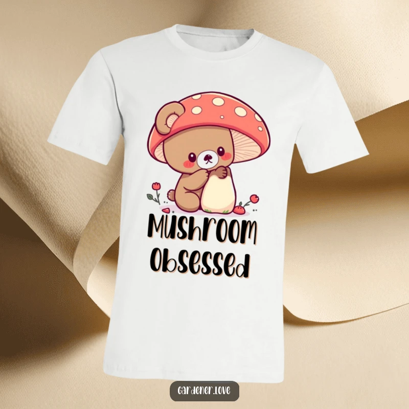Funny Kawaii bear examining a large, colorful mushroom, whimsical nature t-shirt.
