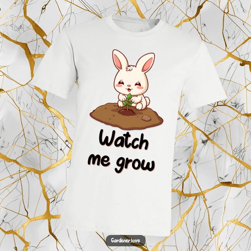 Funny Kawaii bunny happily planting a tiny seedling in the soil, cute gardening t-shirt.