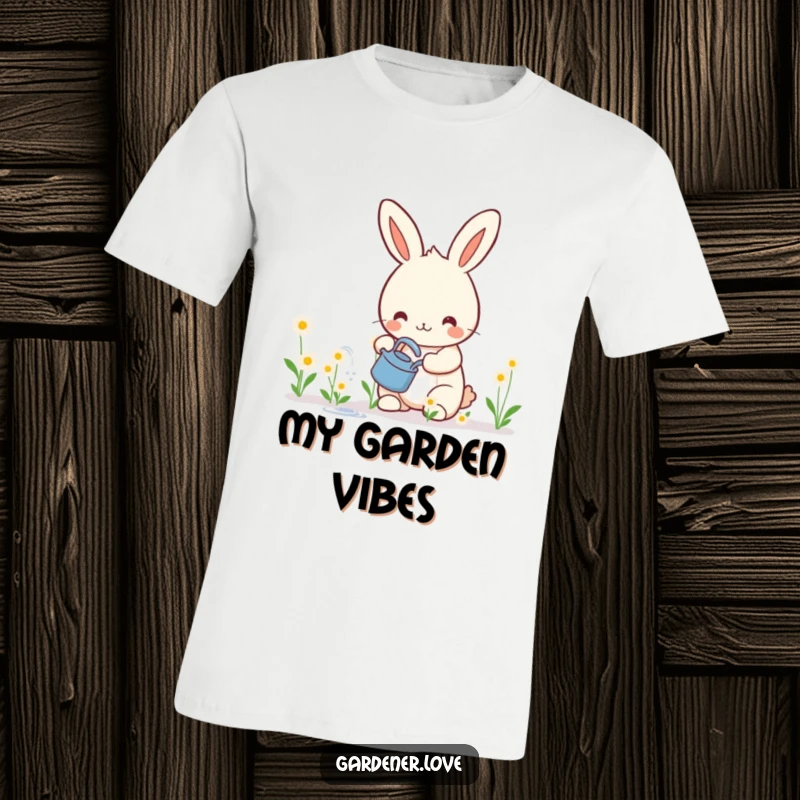 Funny t-shirt with a happy Kawaii rabbit watering a row of tiny, smiling flowers, showcasing a love for nature and gardening.