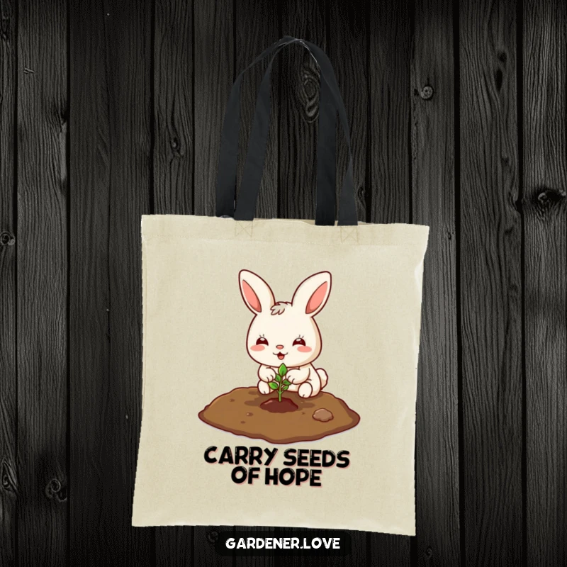 Funny Kawaii bunny planting a tiny seedling in the soil, spacious tote bag.