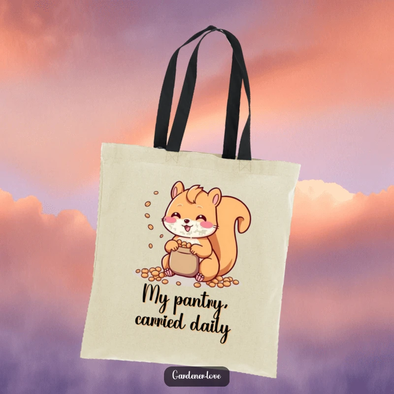 Funny Kawaii Squirrel Tote Bag: A cute and functional tote featuring a happy squirrel scattering seeds, perfect for carrying daily essentials.
